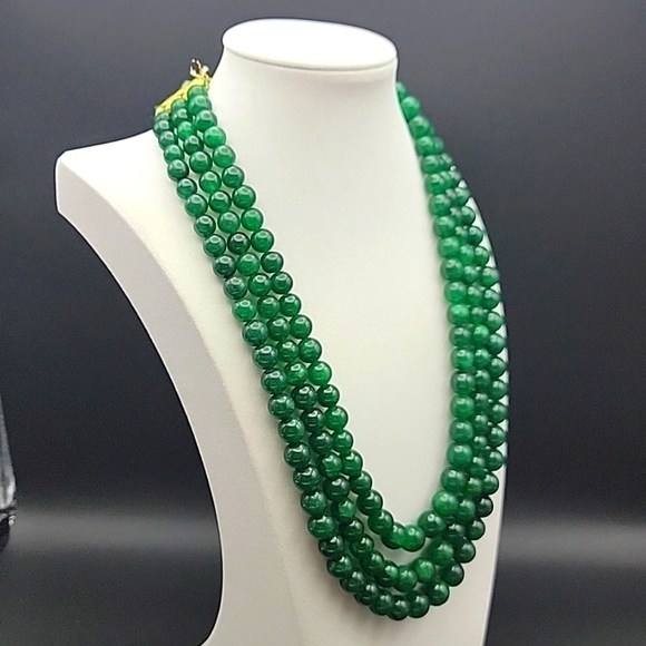 932.50 CTS GREEN EMERALD EARTH MINED 3 LINE ROUND BEADED GEMSTONE BEADS NECKLACE - Picture 2 of 8